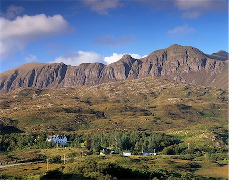 rock formation in scotland - Lochassynt lodge, near Loch Assynt, and Quinag massif of Torridonian sandstone, Sutherland, Highland region, Scotland, United Kingdom, Europe Stock Photo - Rights-Managed, Code: 841-03064802