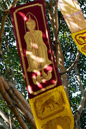 Drapeaux bouddhiste temple arbres, Chiang Mai, Thaïlande, Asie du sud-est, Asie Photographie de stock - Rights-Managed, Code: 841-03066784