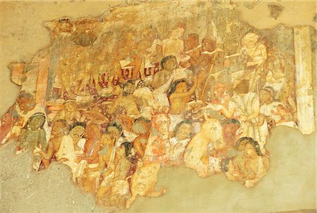 simsearch:841-03067296,k - Painting in Cave 17, one of the world-heritage Buddhist caves at Ajanta, carved from a gorge in the Waghore River, Maharashtra State, India Stock Photo - Rights-Managed, Code: 841-03067296