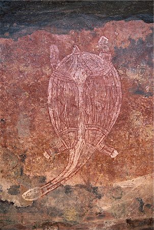parc national de kakadu - Peinture de tortue sur le site d'art rupestre aborigène à Obirr Rock dans le Parc National Kakadu, où les peintures datent de 20000 ans moderne, patrimoine mondial UNESCO, Northern Territory, Australie, Pacifique Photographie de stock - Rights-Managed, Code: 841-03067690