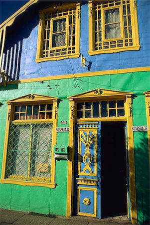 Detail of painted building facade, Castro, Chiloe Island, Chile, South America Fotografie stock - Rights-Managed, Codice: 841-03067814