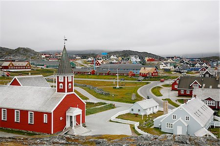 View over houses and the Frelsers Kirke (Our Saviour Church) in the Kolonihavn, Nuuk, Greenland, Polar Regions Stock Photo - Rights-Managed, Code: 841-03062172