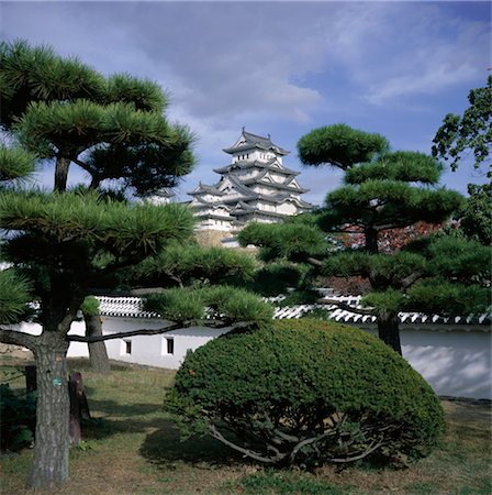 Trees in front of Himeji-jo (Himeji Castle), dating from 1580 and known as Shirasagi (White Egret), UNESCO World Heritage Site, Himeji, Kansai, Japan, Asia Foto de stock - Con derechos protegidos, Código: 841-03489632