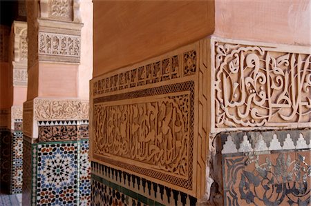 The Medersa Ben Youssef, the largest in Morocco, built by the Almoravide dynasty and then rebuilt in the 19th century, richly decorated in marble, carved wood and plasterwork, Medina, Marrakesh, Morroco, North Africa, Africa Stock Photo - Rights-Managed, Code: 841-03489910