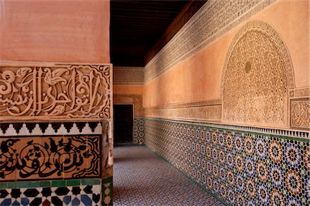 The Medersa Ben Youssef, the largest in Morocco, built by the Almoravide dynasty and then rebuilt in the 19th century, richly decorated in marble, carved wood and plasterwork, Medina, Marrakesh, Morroco, North Africa, Africa Stock Photo - Rights-Managed, Code: 841-03489911