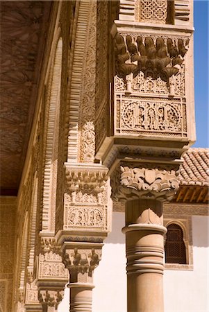 Row of intricately decorated columns in the Patio de los Arrayanes, Casa Real (Palacios Nazaries), Alhambra, UNESCO World Heritage Site, Granada, Andalucia (Andalusia), Spain, Europe Stock Photo - Rights-Managed, Code: 841-03505257