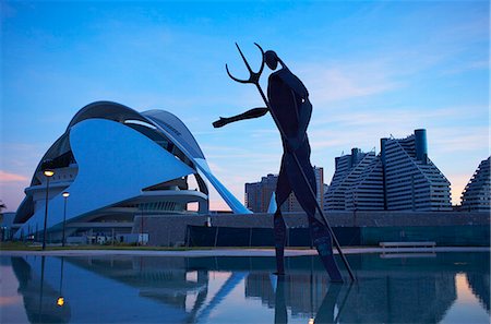 Sculpture and Palau de les Arts in the background at dusk, City of Arts and Sciences, Valencia, Spain, Europe Stock Photo - Rights-Managed, Code: 841-03505467