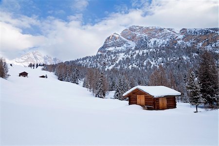 snowy cabin pictures - Mountain hut and landscape covered in winter snow, Val Gardena, Dolomites, South Tirol, Trentino-Alto Adige, Italy, Europe Stock Photo - Rights-Managed, Code: 841-03518350