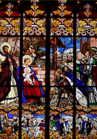 Stained glass window of the visit of the magi, St. Gatien Cathedral, Tours, Indre-et-Loire, France, Europe, Europe Fotografie stock - Rights-Managed, Codice: 841-03518984