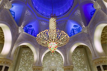 prayer hall - The largest ornate chandelier in the world hanging from the main dome inside the prayer hall of Sheikh Zayed Bin Sultan Al Nahyan Mosque, Abu Dhabi, United Arab Emirates, Middle East Stock Photo - Rights-Managed, Code: 841-03674941