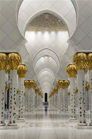 prayer hall - Gilded columns leading to the main prayer hall of Sheikh Zayed Bin Sultan Al Nahyan Mosque, Abu Dhabi, United Arab Emirates, Middle East Stock Photo - Rights-Managed, Code: 841-03674943