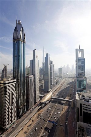 simsearch:841-07355218,k - Elevated view of high rise buildings along Sheikh Zayed Road, Dubai, United Arab Emirates, Middle East Stock Photo - Rights-Managed, Code: 841-03674959