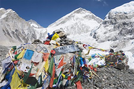 Prayer flags at the Everest Base Camp sign, Solu Khumbu Everest Region, Sagarmatha National Park, Himalayas, Nepal, Asia Stock Photo - Rights-Managed, Code: 841-03672823