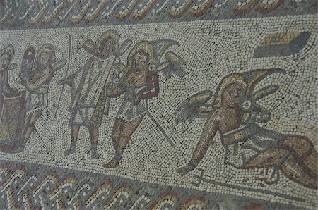 roman - Detail of carpet border in mosaic dating from 350 AD, Roman Villa, Bignor, West Sussex, England, United Kingdom, Europe Stock Photo - Rights-Managed, Code: 841-03673876