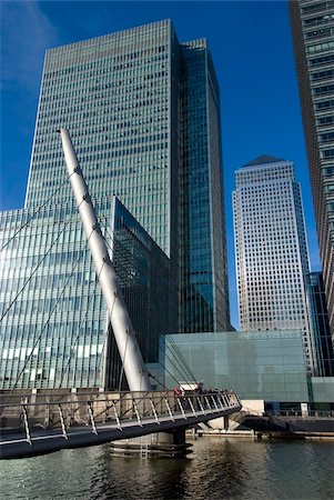 Looking over bridge towards Canary Wharf and towers, Docklands, London, England, United Kingdom, Europe Stock Photo - Rights-Managed, Code: 841-03868184