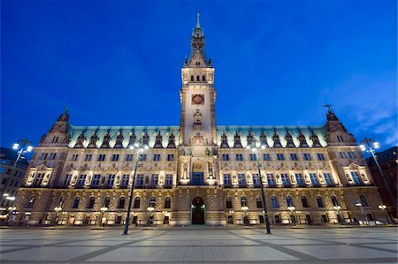 pictures of places in germany - Rathaus (hôtel de ville), éclairée la nuit, Hambourg, Allemagne, Europe Photographie de stock - Rights-Managed, Code: 841-03868286