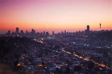 place of south africa - View of Johannesburg skyline at sunset, Gauteng, South Africa, Africa Stock Photo - Rights-Managed, Code: 841-03870067