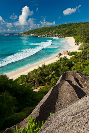 View over the beach of Grand Anse, La Digue, Seychelles, Indian Ocean, Africa Stock Photo - Rights-Managed, Code: 841-03871146