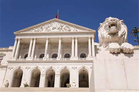 A lion statue guards the Palace of Sao Bento, built in 1834, the seat of the Portuguese Parliament, in Lisbon, Portugal, Europe Stock Photo - Rights-Managed, Code: 841-03871401