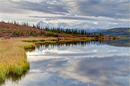 snowy scene - Scenic of Wonder Lake with snow covered Mt. Brooks and the Alaska Range in the background, Denali National Park & Preserve, Interior Alaska, Autumn, HDR Stock Photo - Rights-Managed, Code: 854-05974380