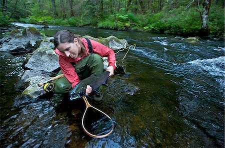 Frau hält einen gefangen von Fliegenfischen auf Ward Creek im Tongass National Forest in der Nähe von Ketchikan, Alaska Silberlachs Stockbilder - Lizenzpflichtiges, Bildnummer: 854-02954984