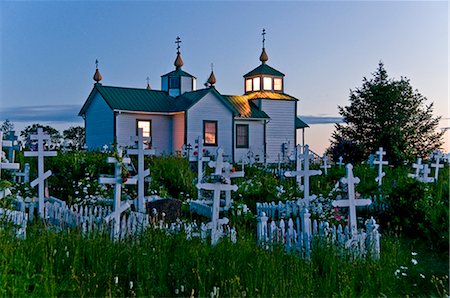 Transfiguration of Our Lord Russian Orthodox Church at dusk in Ninilchik on the Kenai Peninsula in southcentral Alaska Stock Photo - Rights-Managed, Code: 854-02955479