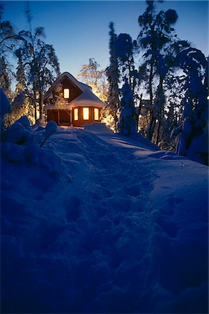 snow texture - Cabin lit at dusk with snow covered trees Alaska   winter spruce birch Stock Photo - Rights-Managed, Code: 854-02955481