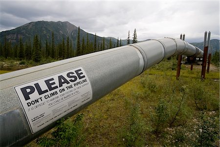 Warning sign on the Trans Alaska pipeline near Wiseman. Summer in Arctic Alaska. Foto de stock - Con derechos protegidos, Código: 854-02955538