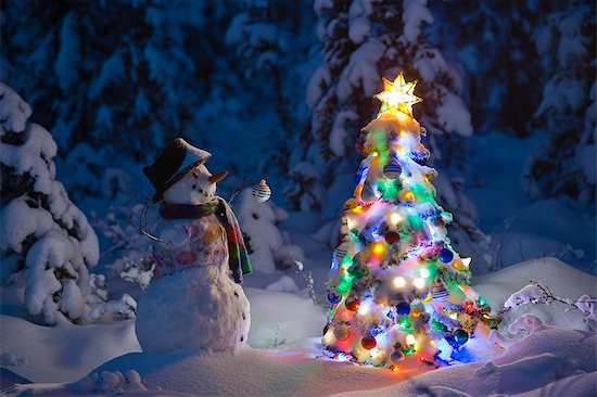 Snowman stands in a snowcovered spruce forest next to a decorated Christmas tree in wintertime Stock Photo - Premium Rights-Managed, Artist: AlaskaStock, Image code: 854-02955855