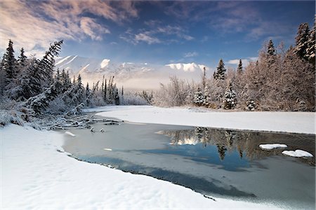 Morning light in early winter on the North Fork of Eagle River in Chugach State Park in Southcentral Alaska Stock Photo - Rights-Managed, Code: 854-02956033