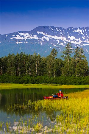 fishing scenic lake - Fly fisherman in a kayak fishing in Portage Valley, Southcentral, Alaska, Summer Stock Photo - Rights-Managed, Code: 854-03361747