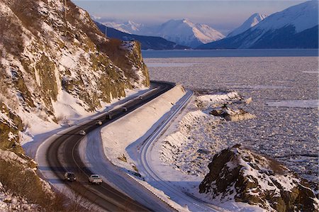 snow covered road - View of Seward highway and Turnagain Arm from Windy Point, Southcentral Alaska, Winter, Stock Photo - Rights-Managed, Code: 854-03362323