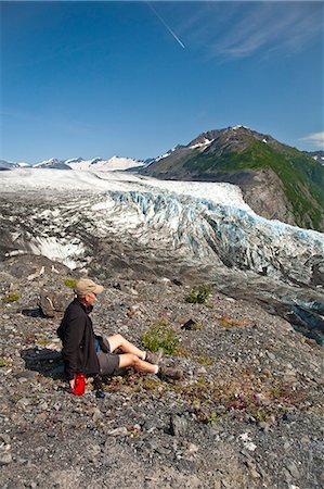 Male hiker overlooks Shoup Glacier and Upper Shoup Bay in the Shoup Bay State Marine Park, Prince William Sound, Alaska Stock Photo - Rights-Managed, Code: 854-03362449
