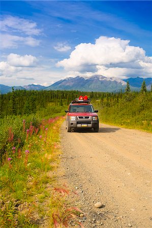 Car travelling on Nabesna Road in Wrangell Saint Elias National Park with the  Mentasta Mountains in the background, Southcentral Alaska, Summer Fotografie stock - Rights-Managed, Codice: 854-03466925