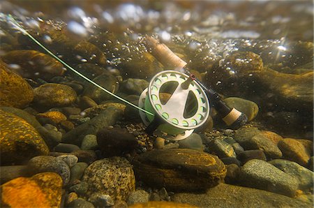 pesca con la mosca - Underwater view of a fly rod and reel in the fast moving water of Montana Creek, Alaska Fotografie stock - Rights-Managed, Codice: 854-03538023