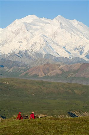 Two hikers view McKinley from tundra at Eielson visitor center summer Denali National Park Alaska Stock Photo - Rights-Managed, Code: 854-03538141