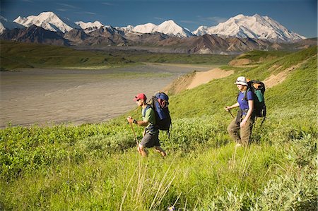 Two backpackers hiking in tundra and wildflowers at Grassy Pass near Eielson visitor center Denali NP Alaska Stock Photo - Rights-Managed, Code: 854-03538163