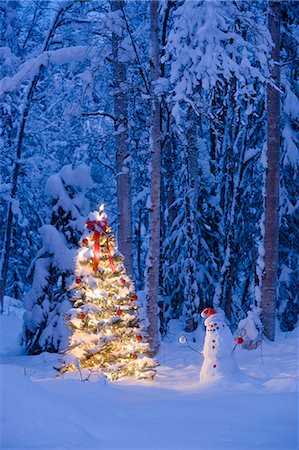 simsearch:854-03537981,k - Snowman with santa hat hanging ornaments on a  Christmas tree in a snow covered birch forest in Southcentral Alaska Stock Photo - Rights-Managed, Code: 854-03539037