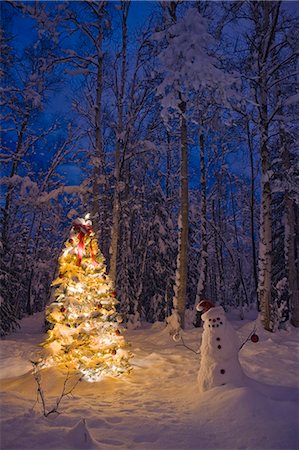 Snowman with santa hat hanging ornaments on a  Christmas tree in a snow covered birch forest in Southcentral Alaska Stock Photo - Rights-Managed, Code: 854-03539041