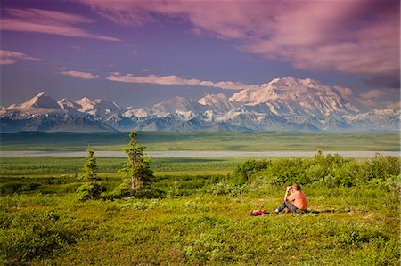 simsearch:400-08806975,k - Male tourist views Mt.Mckinley & Alaska Range near Wonder Lake Denali National Park Alaska Summer Foto de stock - Con derechos protegidos, Código: 854-03539354