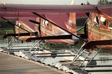 simsearch:854-03646328,k - Group of Rust's Flying Service DeHavilland Beaver airplanes docked on Lake Hood in Anchorage, Southcentral Alaska, Summer/n Foto de stock - Con derechos protegidos, Código: 854-03646420