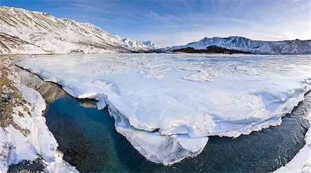 street panorama - View of sastrugi wind carved ridges in the snow covering frozen Phelan Creek alongside the Richardson Highway as it heads into the Alaska Range, Southcentral Alaska, Winter Stock Photo - Rights-Managed, Code: 854-03646711