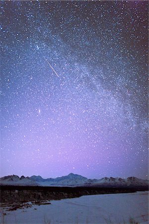 shooting stars nighttime - Night time view of Mt. McKinley with a star filled sky, the Milky Way, and a shooting star overhead, Denali State Park, Southcentral Alaska, Winter Stock Photo - Rights-Managed, Code: 854-03646874