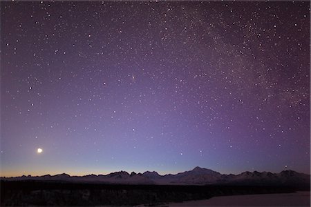 Night time view of Mt. McKinley with a star filled sky, the Milky Way, and a shooting star overhead, Denali State Park, Southcentral Alaska, Winter Stock Photo - Rights-Managed, Code: 854-03646875