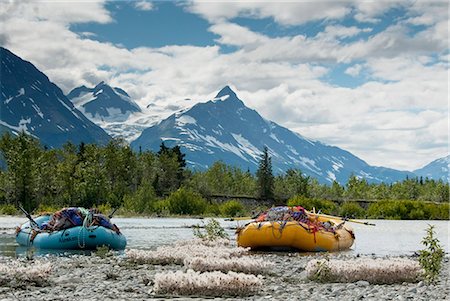 Rafts packed with gear on shore of the Tatshenshini River, Tatshenshini-Alsek Provincial Park, British Columbia, Canada, Summer Stock Photo - Rights-Managed, Code: 854-03739566
