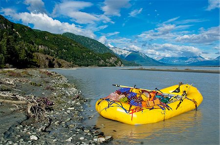 View of a raft packed with gear on Chive Beach on the Tatshenshini River, Tatshenshini-Alsek Provincial Park, British Columbia Canada, Summer Stock Photo - Rights-Managed, Code: 854-03739560