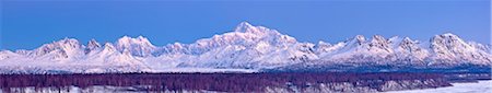 snow scene panoramic - Panoramic view of  sunrise over Mt. McKinley and the Alaska Range, Denali State Park, Southcentral Alaska, Winter Stock Photo - Rights-Managed, Code: 854-03739699