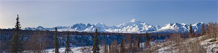 panoramic pictures park snow - Panoramic view of afternoon light over Mt. McKinley and the Alaska range, Denali State Park,  Southcentral Alaska, Winter Stock Photo - Rights-Managed, Code: 854-03739709