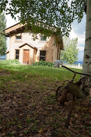 An old tricycle leaning against a tree at the historical Slaven's Roadhouse along the the Yukon River, Yukon-Charley Rivers National Preserve,  Interior Alaska, Summer Stock Photo - Rights-Managed, Code: 854-03739738