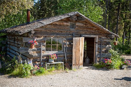 fairbanks - Trapper's style log cabin at Chena Indian Village on the Riverboat Discovery tour, Fairbanks, Interior Alaska, Summer Fotografie stock - Rights-Managed, Codice: 854-03739787